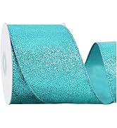 RIBBOOO Turquoise Teal Glitter Ribbon, 2.5 Inch 10 Yards Sparkly Wired Edge Fabric Ribbon for Cra...