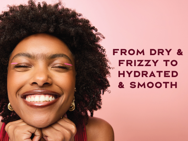 Image of a young woman with curly afro hair next to text about hydrated &amp; smooth results.