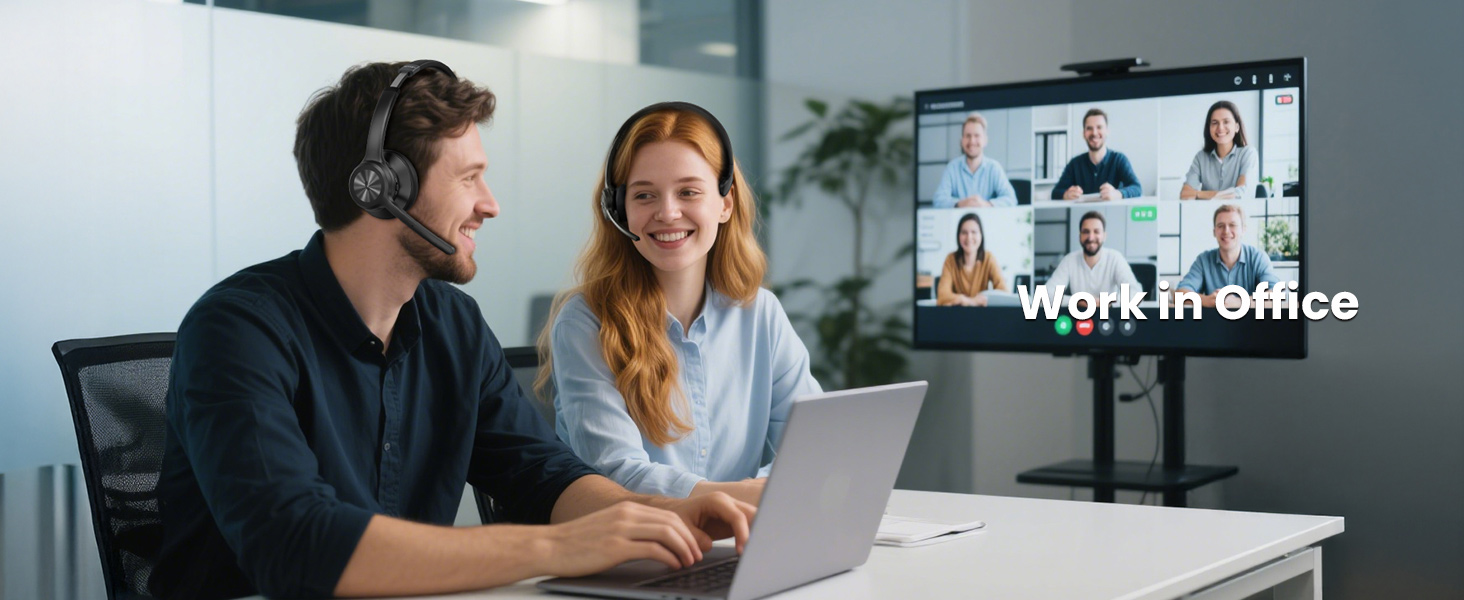 Text reads: 'Work in office'. Modern office environment showing collaborative workspace with people using laptops and engaging in meetings.