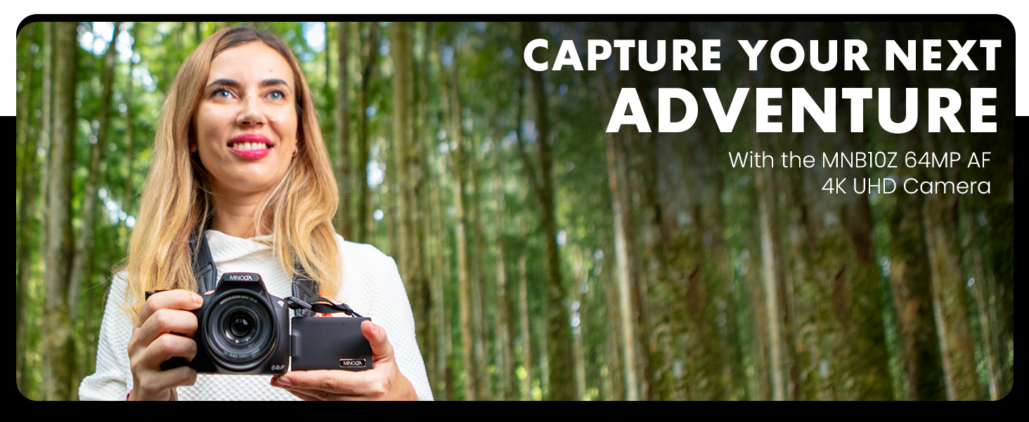MNB10Z 64MP 4K UHD Autofocus Digital Camera with accesible neck strap and 180 degree lcd screen