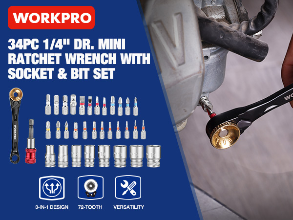 WORKPRO 34-piece 1/4" Mini Ratchet Wrench and Socket Bit Set