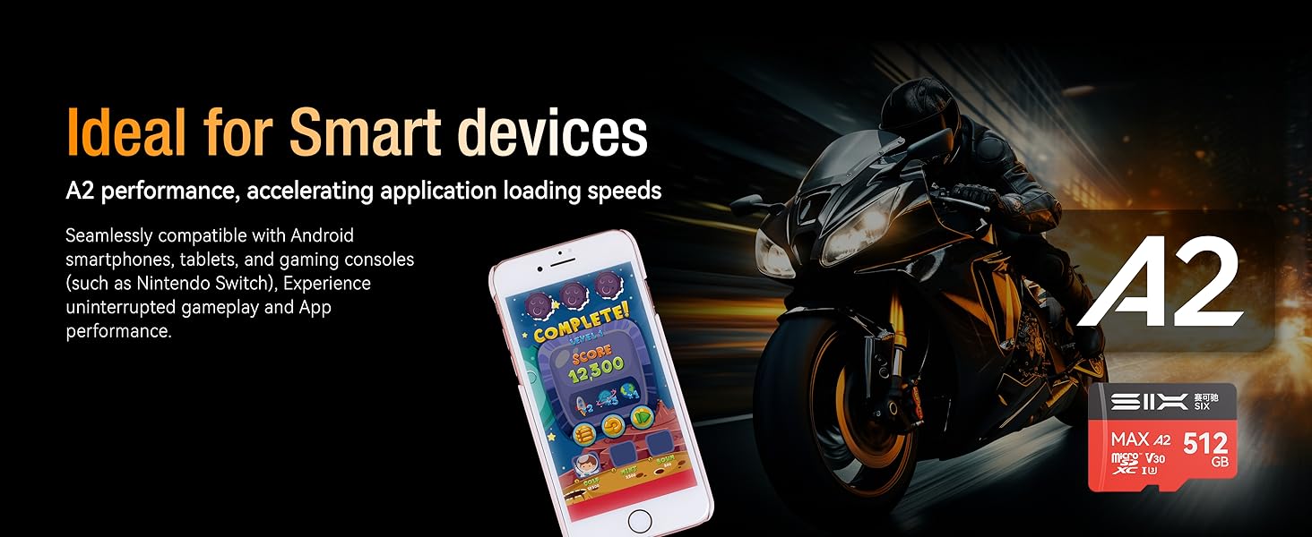 Text reads 'Ideal for Smart devices' and 'A2'. Marketing image showing smartphone and motorcycle with memory card branding.