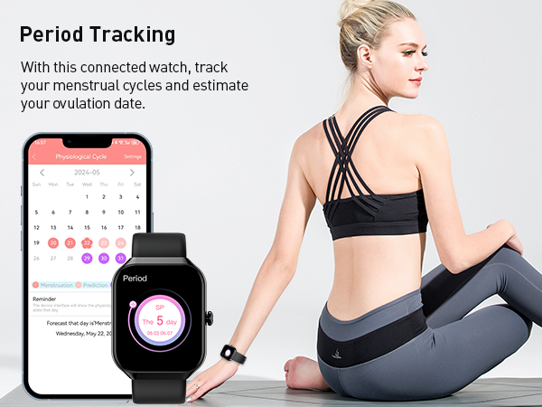 Smartwatch featuring period tracking functionality shown with app interface on phone. Athletic wear and fitness tracking demonstration in complementary image.