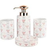 Bathroom Accessory Set, 4 Pcs Pink Triangle Ceramic Bathroom Cabinet with Soap Dispenser Soap Dis...