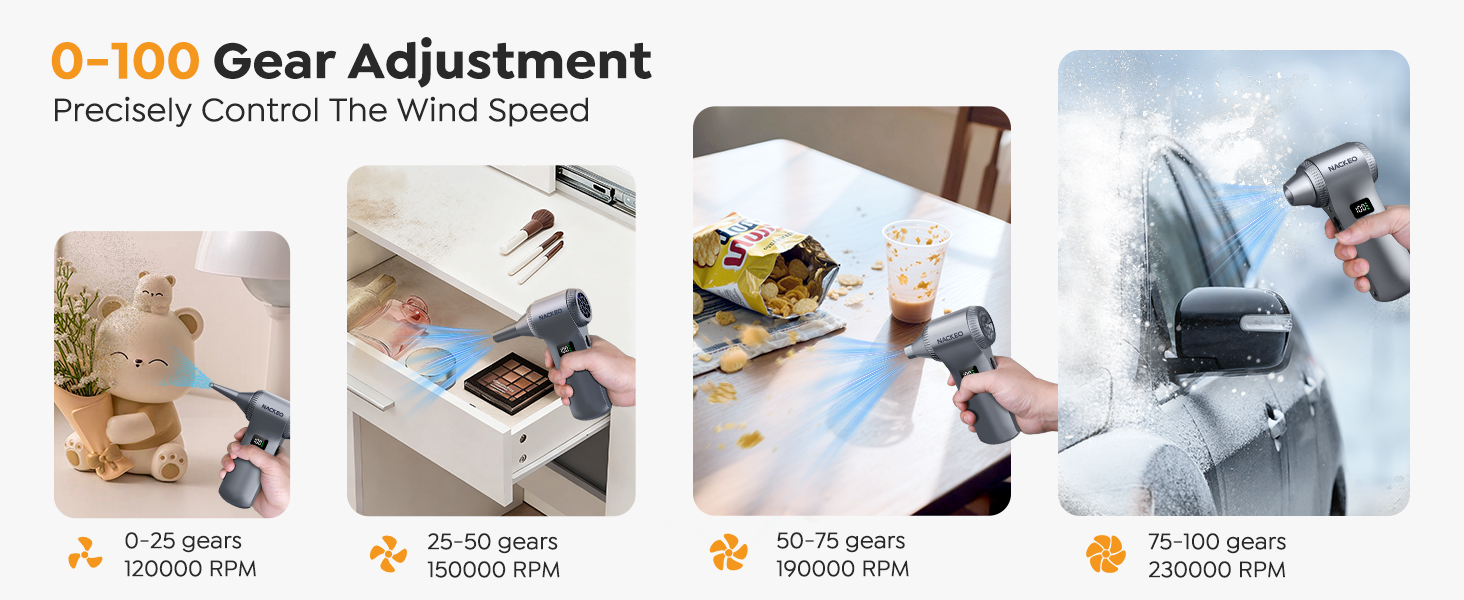 Text reads '0-100 Gear Adjustment'. Sequence of 4 instructional images showing hands adjusting mechanical parts with orange numbered indicators and time stamps.