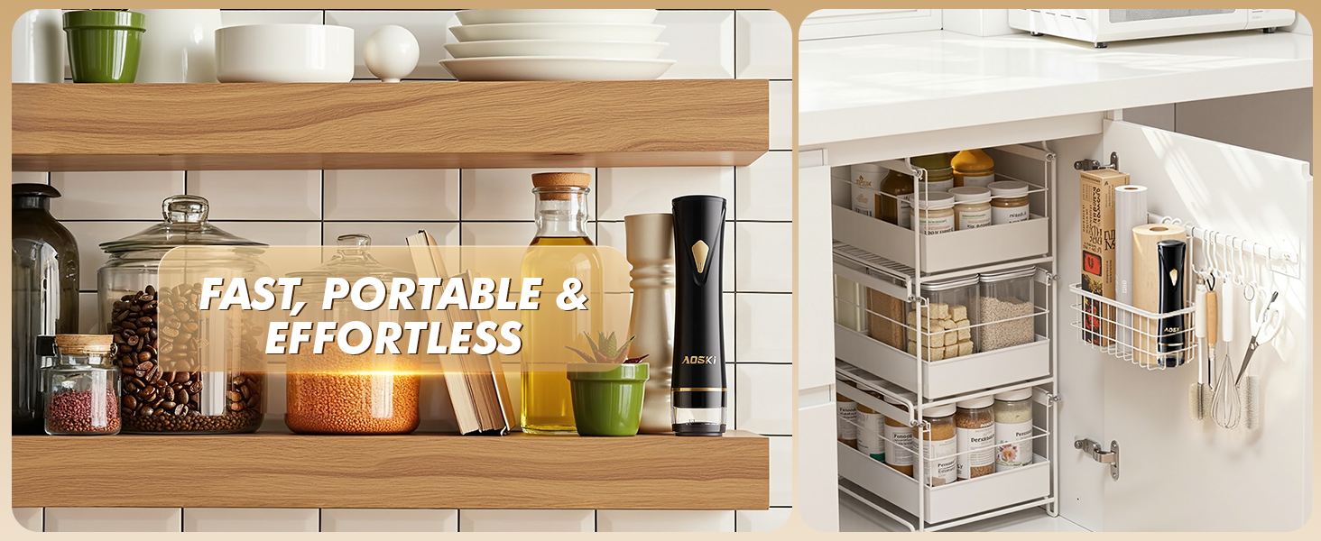 Handheld vacuum sealer stored on kitchen shelf and cabinet, showing compact and portable design