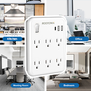 Wall Outlet with USB ports, 6 Outlet Wall Plug Extender with Switch, Wall Surge Protector Outlet