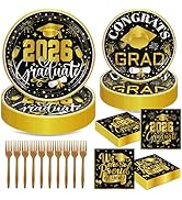 192Pcs 2026 Graduation Party Plates and Napkins for 48 Guests, Black and Gold Congrats Grad Party...