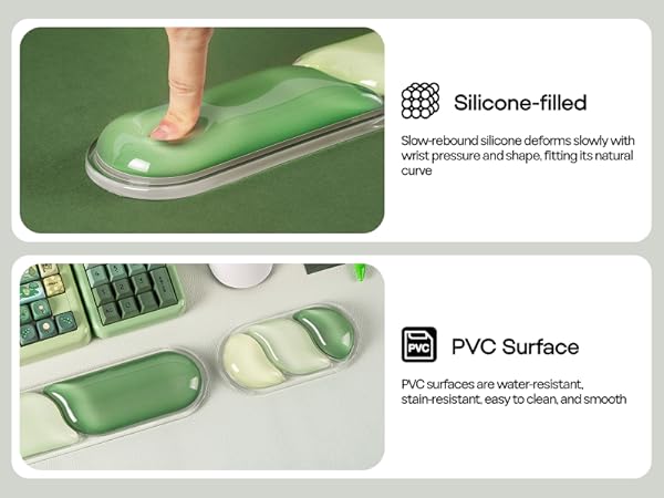 Text reads 'Silicone-filled' and 'PVC Surface'. Product features comparison showing green ergonomic wrist rest with silicone fill and PVC surface material specifications.