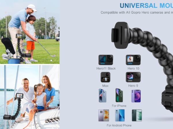 Jaw clamp gooseneck mount attachment for GoPro Hero 8 7, 6, 5, 4 HERO Crosstour AKASO SJCAM