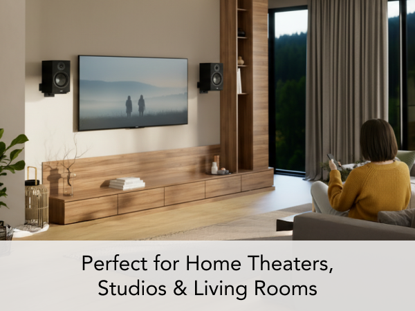 Wall-mounted bookshelf speakers in home theater, studio, and living room setups.