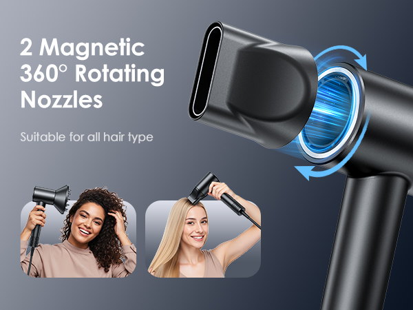 Hair dryer with two magnetic nozzles designed for easy attachment and flexible airflow direction.
