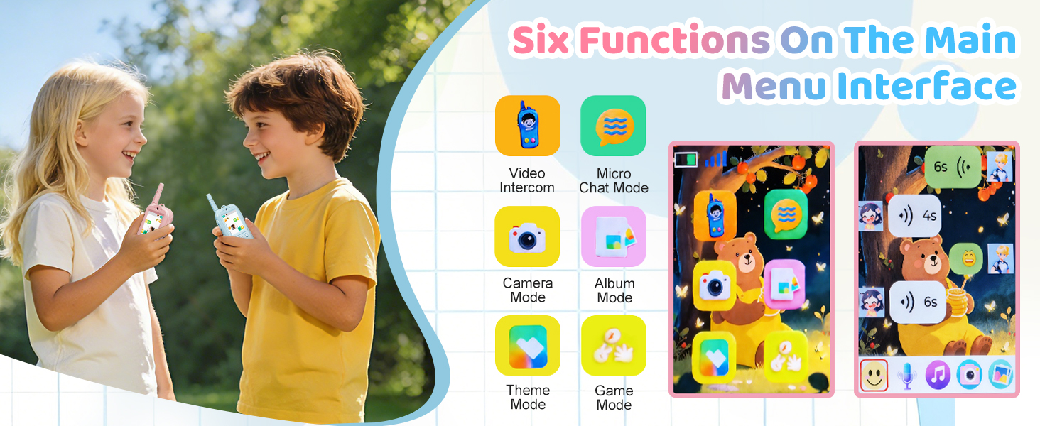 Voice changing walkie talkie with 4 sound effects including robot alien and baby voice modes.