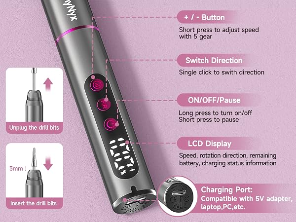LCD screen shows speed, rotation direction, and battery level. Easily adjust settings
