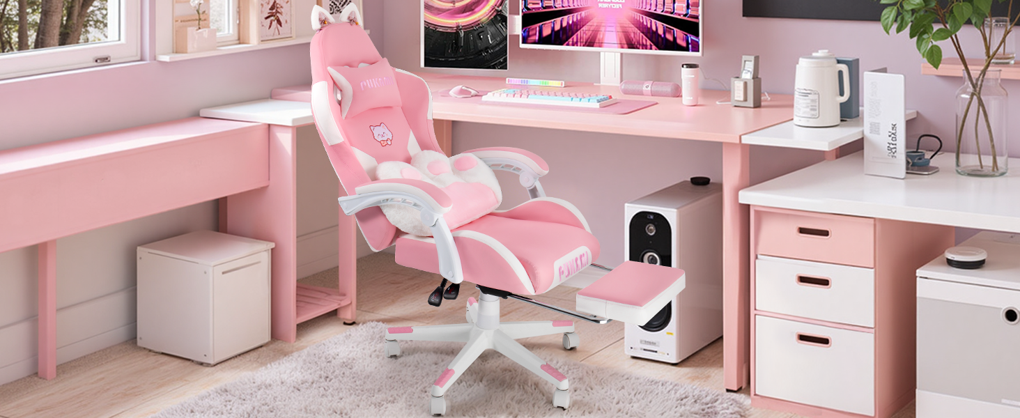 Gaming Chair with Cat Ears and Cat Paw Lumbar Cushion, Cute Ergonomic Gaming Computer Desk Chair