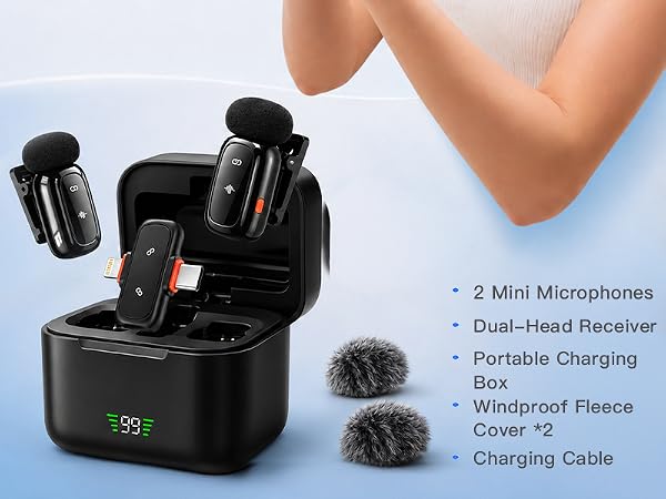 Wireless Microphone for iPhone Android, Dual Lavalier Mini Clip On Mic