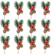 KFJBPB 12 Pcs Artificial Christmas Picks 3.5Inch, Holly Berry Stems Pine Cones Pine Stems Holly L...