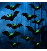 DIYASY 15 Pcs Haning Bats Halloween Decorations Outside, Large Plastic 3D Bat Decor Glow in Dark ...