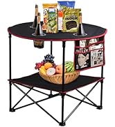LEADALLWAY Camping Table Folding Picnic Table with 4 Cup Holders and Side Storage Bag Collapsible...