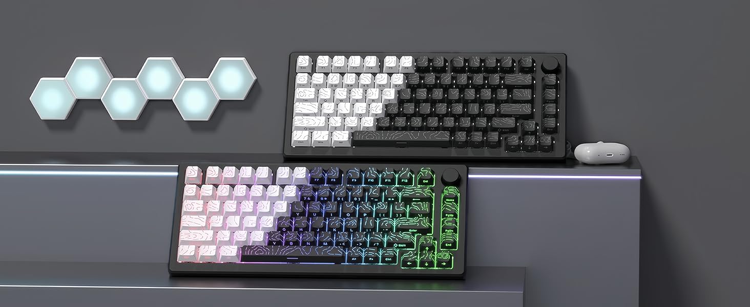 Double Shot PBT keycap Set,White/Black Topographic Keyboard keycaps,Shine Through Custom keycap