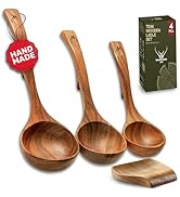 Wooden Ladle Set of 3 Sizes – Teak Wood Soup Spoons with Hook Handles for Cooking, Serving, Stirr...