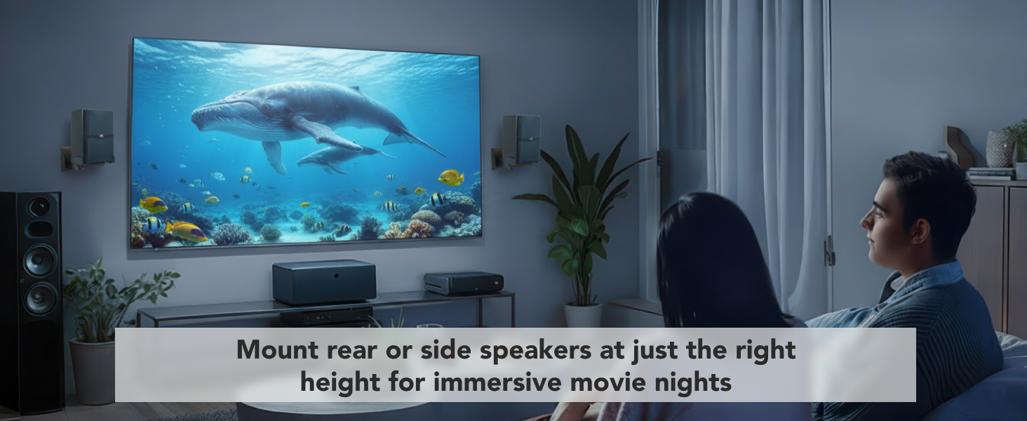 Rear and side surround speakers mounted at optimal height for immersive sound.