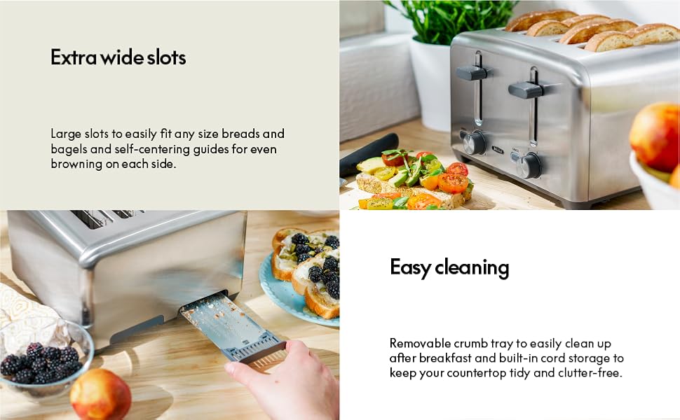 extra wide slots, self-centering guides. removable crumb tray and cord storage