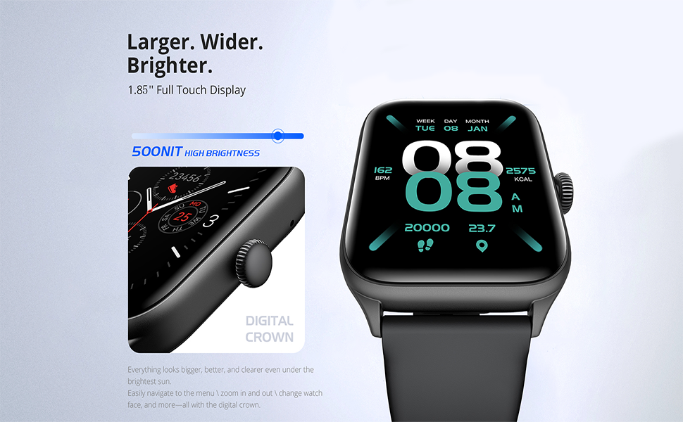 Smartwatch with large digital display showing 88 as time, featuring black case and band, highlighting larger and brighter screen.