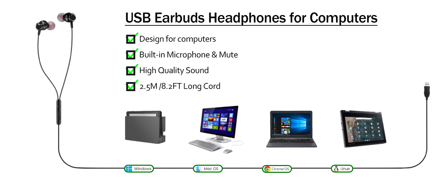 USB Earbuds Headphones for Computers
