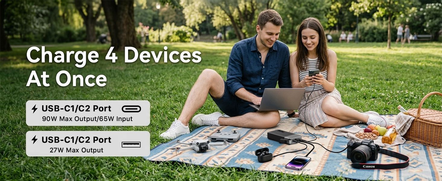 Text reads 'Charge 4 Devices At Once' and 'USB-C+C Port'. Couple outdoors on grass with multiple electronic devices and charging cables arranged on ground, demonstrating multi-device charging capability.