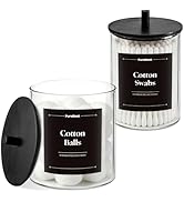 PureRoot Glass Qtip Holder Dispenser Set - 15oz &amp; 10oz Clear Canisters Apothecary Jar with Black ...