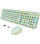 Wireless Keyboard and Mouse Combo, Ergonomic Full Size Typewriter Retro Round Keycaps Keyboard, C...