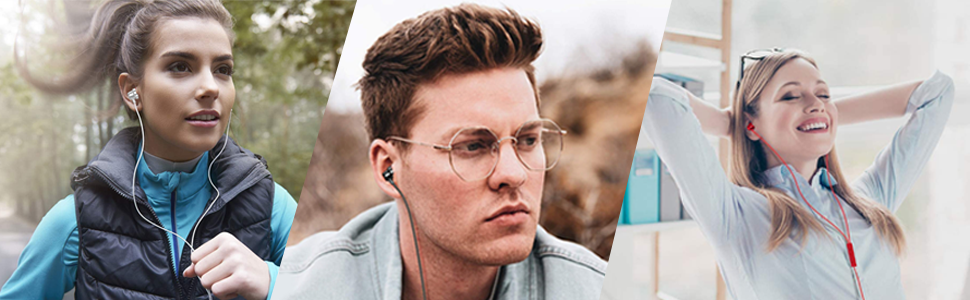 Three separate images of people outdoors: a woman in a blue jacket, a man with glasses, and a woman with her hands behind her head.