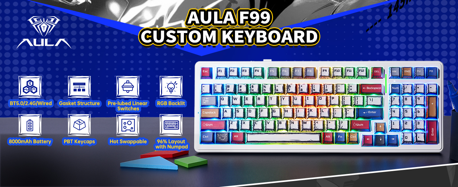 Aula F99 Wireless Gaming Keyboard Bluetooth Mechanical Keyboards Hot Swappable Custom Keyboard