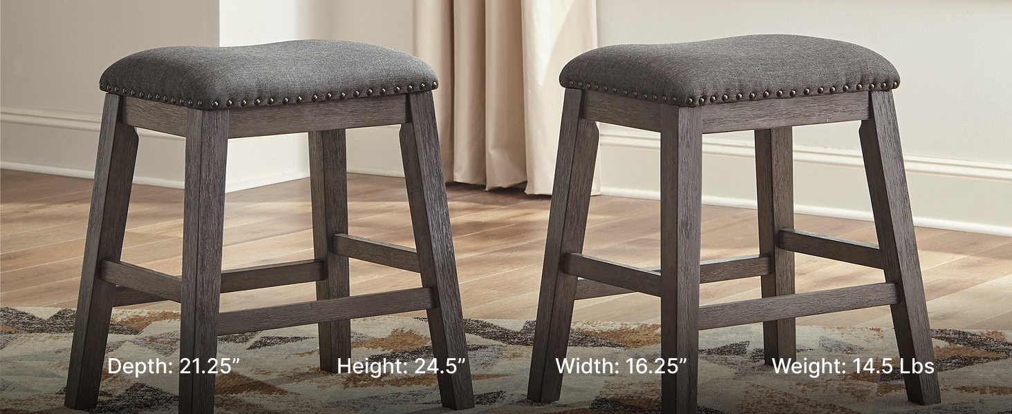 Dining room island paired with two solid acacia wood counter chairs in an antiqued gray wash