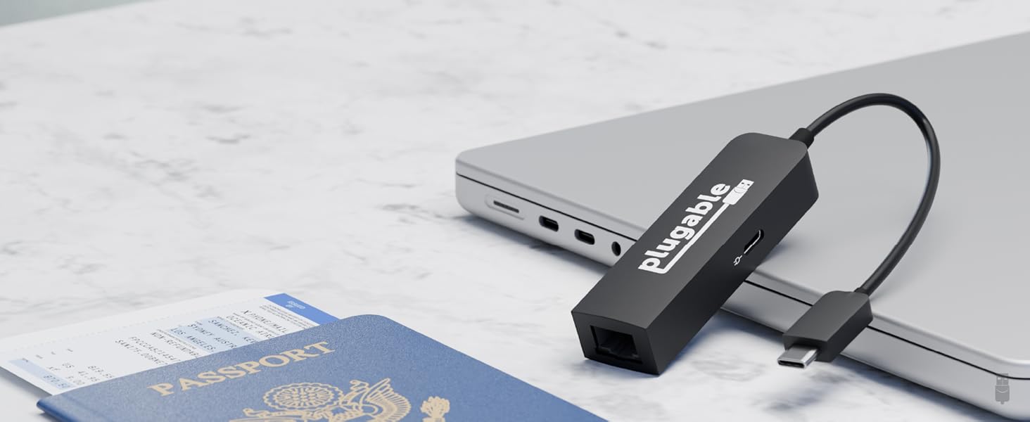 Plugable USB C 2.5Gbps ethernet adapter with pass through charging on laptop