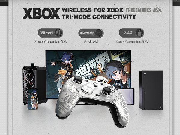 Text reads 'XBOX WIRELESS FOR XBOX'. Product display showing multiple black gaming controllers on dark background with connection status indicators.