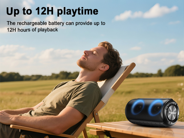 Text reads 'Up to 12H playtime' and 'The rechargeable battery can provide up to 12H hours of playback'. Person relaxing outdoors with portable audio device.