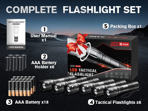 4* LED Tactical Flashlight / 4* AAA Battery Holder/ 12*AAA Batteries / 1*User Manual