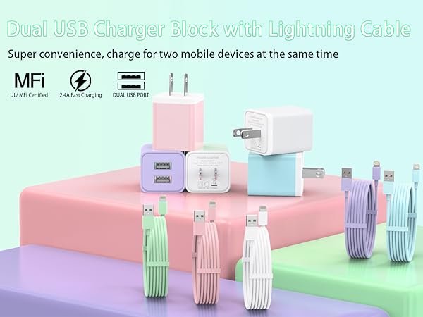 dual usb charger block with lightning cable