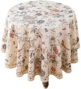 ISAENNE French Tablecloth for Round Tables,Linen Table Cloth with Flowers and Birds Pattern,Heavy...
