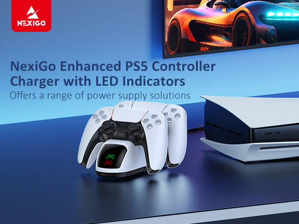 Two PS5 controllers sit on a charging dock next to a PS5 console.