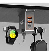 cozoo Metal Grey Under Desk Headphone Stand with 3 USB Charging Ports (PD &amp; QC3.0), Dual Headset ...