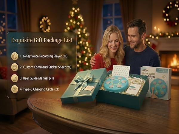 6-in-1 voice recording button gift set shown in festive home gift packaging
