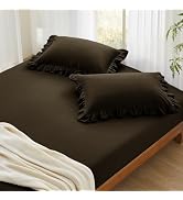 Entisn Pure Cotton Ruffle Fitted Sheet and Pillowcase Set of 3, 400 Thread Count Queen Cotton Fit...