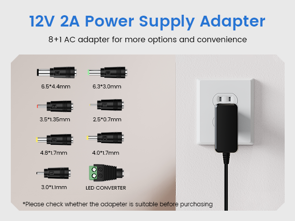 AKINGUAR 12V 2A Power Supply Adapter with 8 DC Connectors