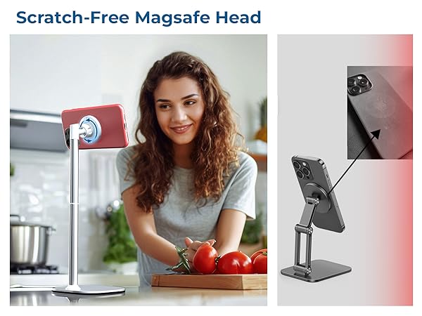 Split image showing MagSafe-compatible phone holder: left shows kitchen use, right shows technical diagram of adjustable stand mechanism.