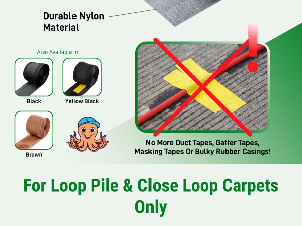 Easy to install carpet cable cover using hook and loop grip, cut to fit as needed