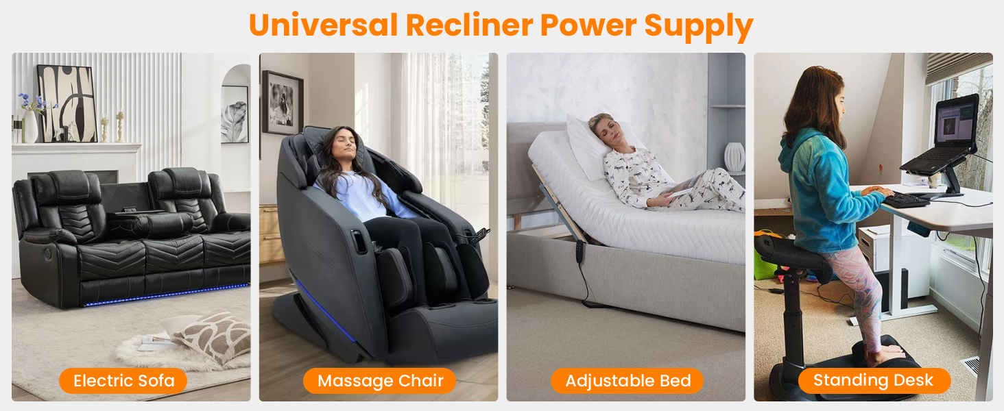 2-Pin Power Adapter with Extension Cord for Lift Chair, Recliner Sofa, Recliner Couch