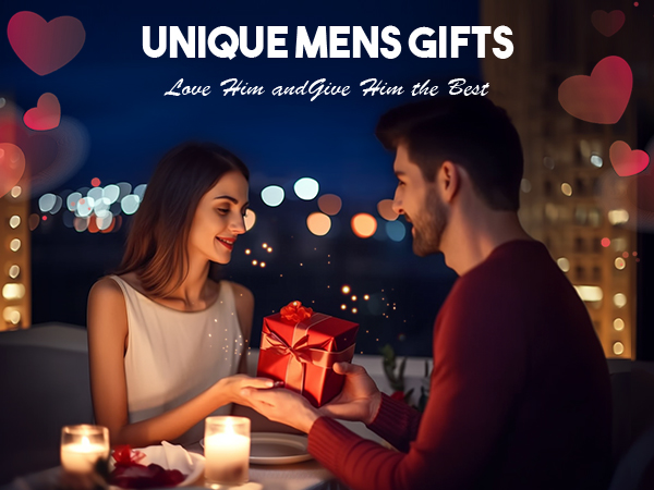 Romantic candlelit scene with a red gift box being exchanged. Text overlay reads 'UNIQUE MENS GIFTS' against bokeh light background.